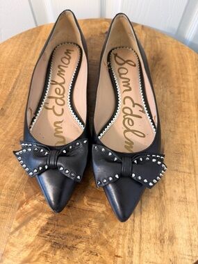 Sam Edelman Black Pointed-Toe Bow Flats with Silver Studs